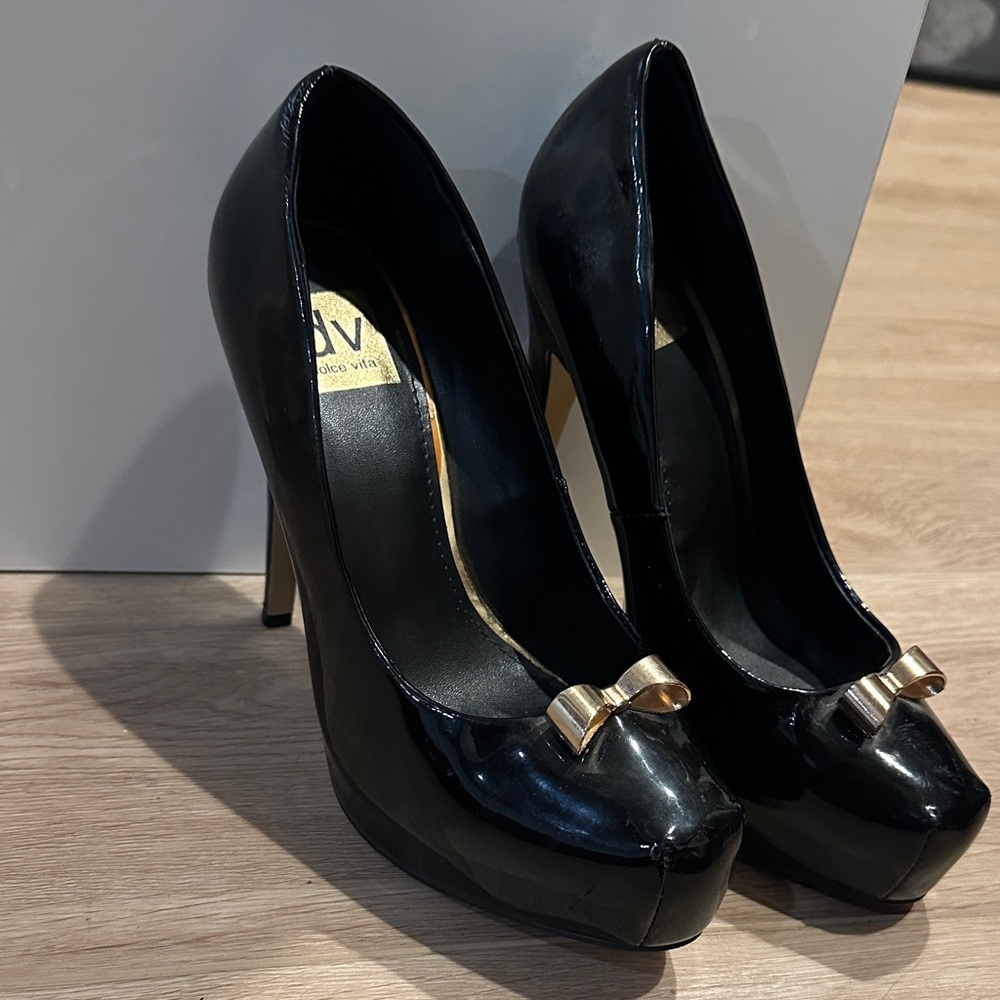 Dolce Vita Black Patent Platform Pumps with Gold Bow Accent